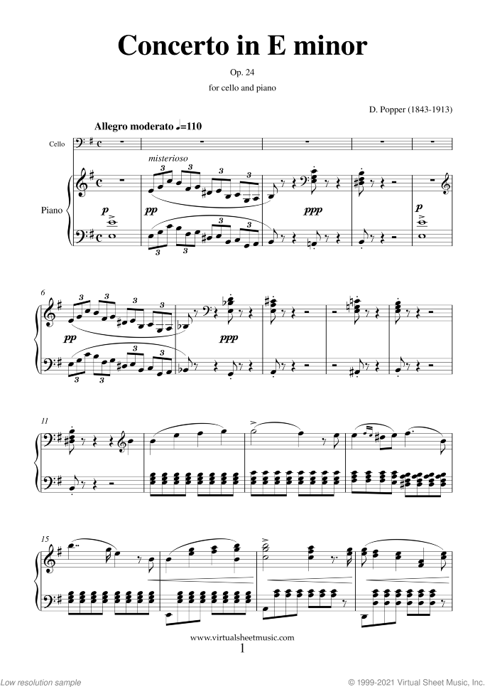 Concerto in E minor Op.24 sheet music for cello and piano by David Popper, classical score, advanced skill level