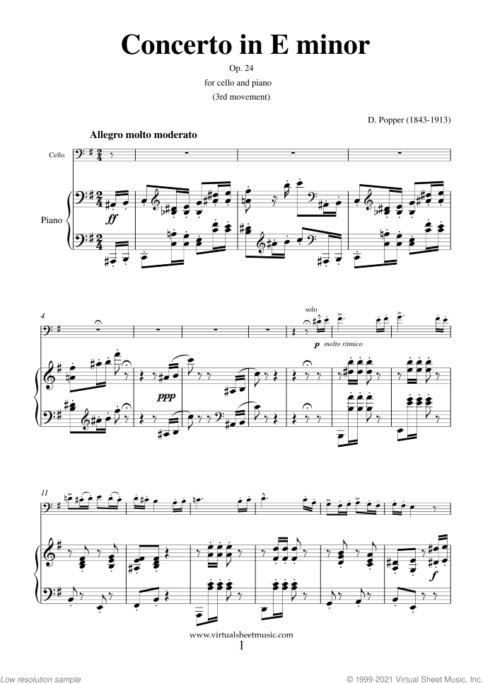 Concerto in E minor Op.24 sheet music for cello and piano by David Popper, classical score, advanced skill level