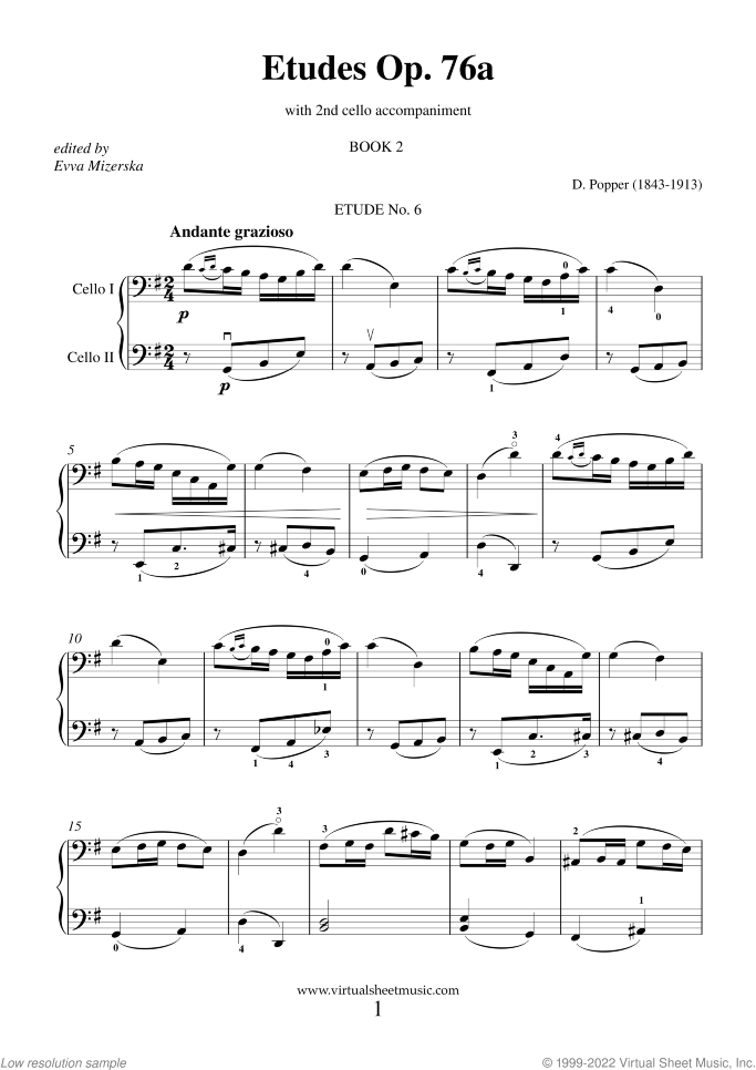 Etudes Op. 76a sheet music for cello solo (with 2nd cello accompaniment) by David Popper, classical score, advanced cello (with 2nd cello accompaniment)