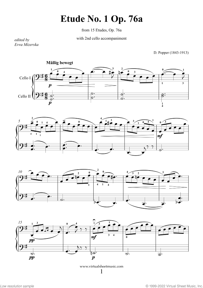 Etude No. 1 Op. 76a (NEW EDITION) sheet music for cello solo (with 2nd cello accompaniment) by David Popper, classical score, intermediate cello (with 2nd cello accompaniment)