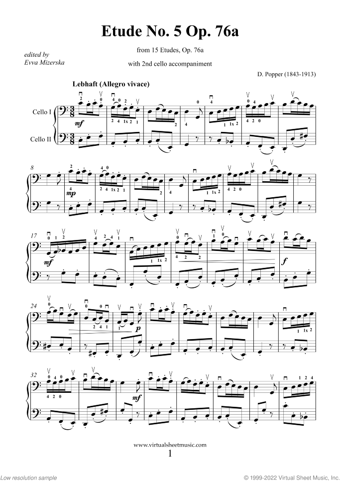 Etude No. 5 Op. 76a (NEW EDITION) sheet music for cello solo (with 2nd cello accompaniment) by David Popper, classical score, intermediate cello (with 2nd cello accompaniment)