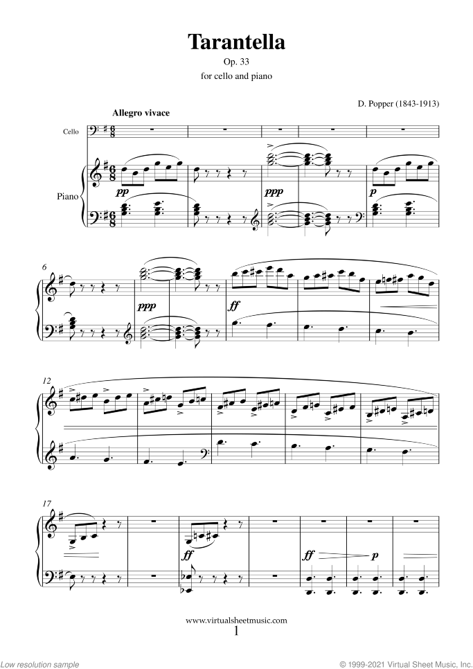 Tarantella Op.33 sheet music for cello and piano by David Popper, classical score, advanced skill level