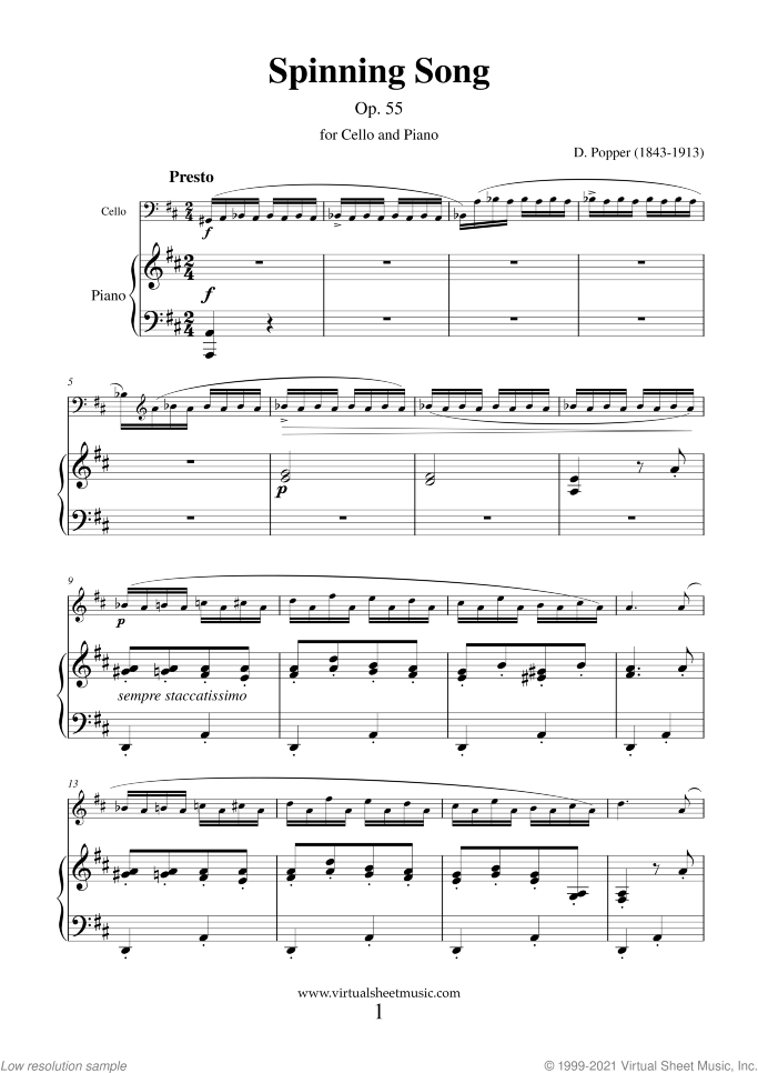 Spinning Song Op.55 sheet music for cello and piano by David Popper, classical score, advanced skill level