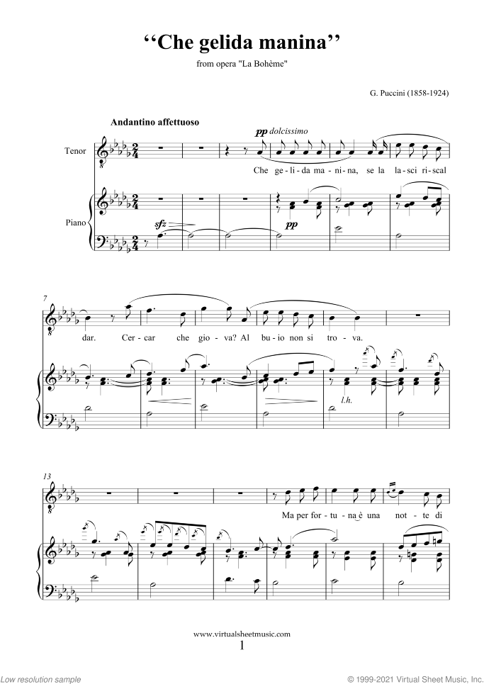 Che Gelida Manina sheet music for tenor and piano by Giacomo Puccini, classical score, intermediate skill level