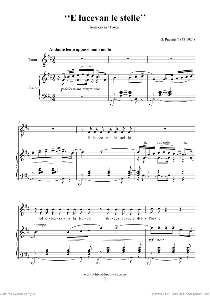 E Lucevan le Stelle sheet music for tenor and piano by Giacomo Puccini, classical score, intermediate skill level