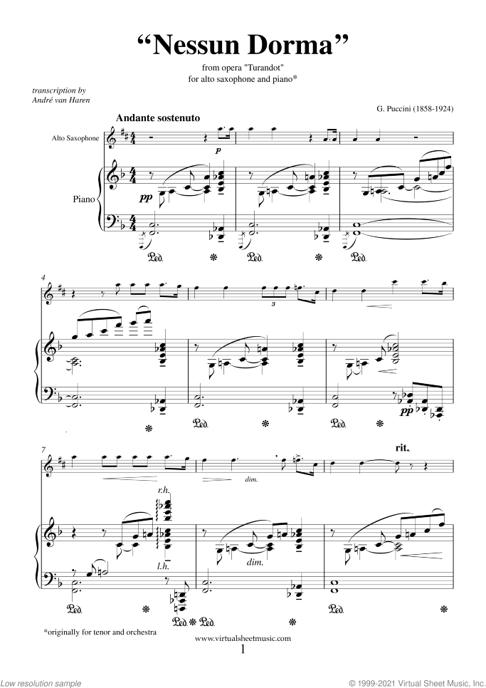 Nessun Dorma sheet music for alto saxophone and piano by Giacomo Puccini, classical score, intermediate skill level