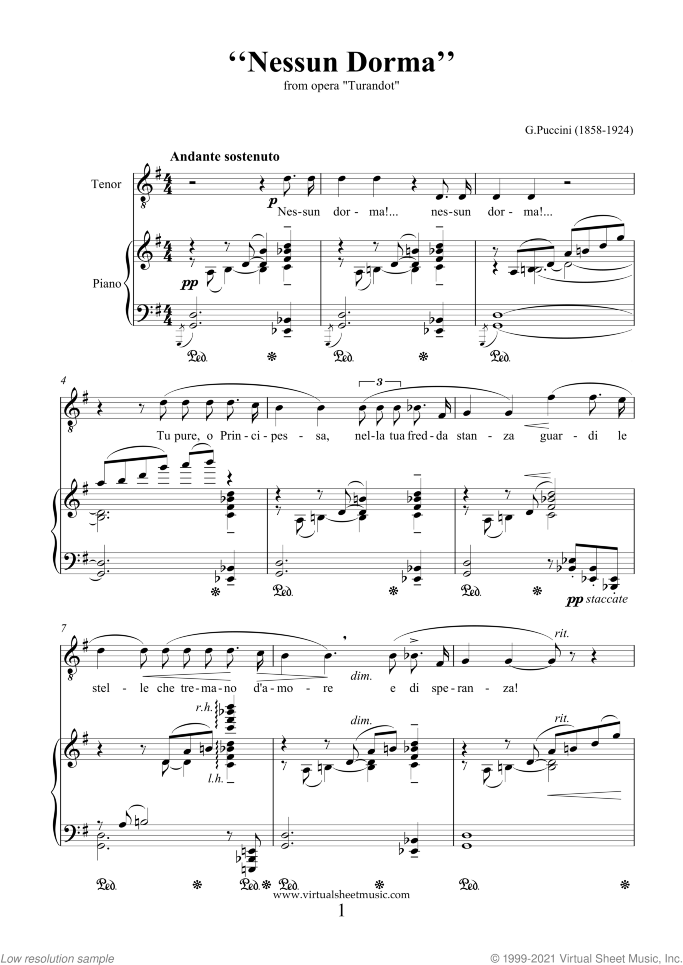 Nessun Dorma sheet music for tenor and piano by Giacomo Puccini, classical score, intermediate skill level
