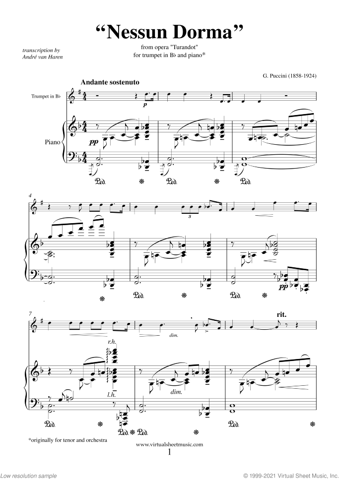 Nessun Dorma sheet music for trumpet and piano by Giacomo Puccini, classical score, intermediate skill level
