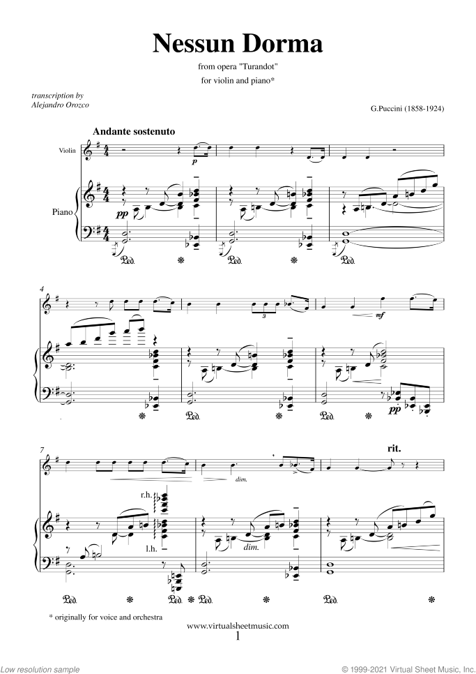 Nessun Dorma sheet music for violin and piano by Giacomo Puccini, classical score, easy skill level