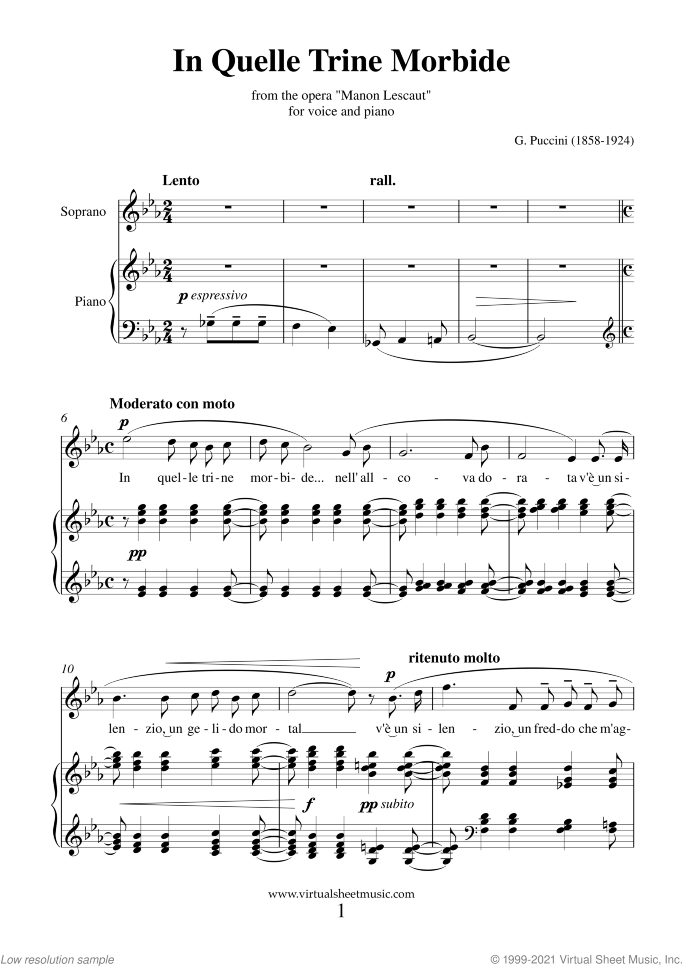 In Quelle Trine Morbide sheet music for soprano and piano by Giacomo Puccini, classical score, intermediate skill level