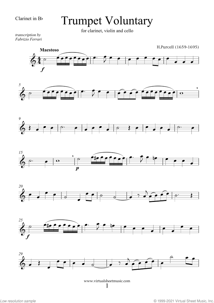 Trumpet Voluntary and Hornpipe sheet music for clarinet, violin and cello by Henry Purcell, classical wedding score, easy/intermediate skill level