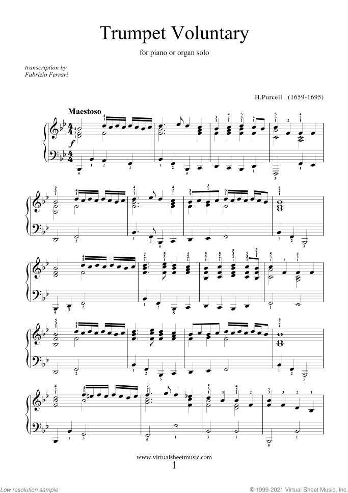 Trumpet Voluntary and Hornpipe sheet music for piano solo or organ by Henry Purcell, classical wedding score, intermediate piano or organ