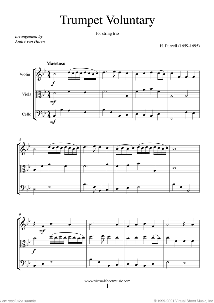 Trumpet Voluntary and Hornpipe (COMPLETE) sheet music for string trio by Henry Purcell, classical wedding score, intermediate skill level