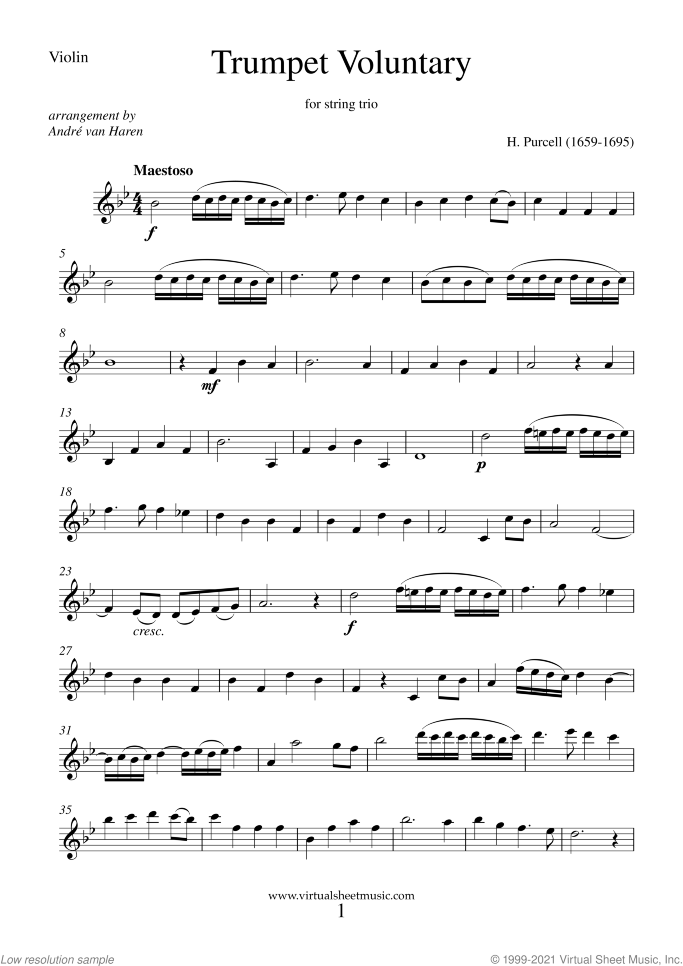 Trumpet Voluntary and Hornpipe (parts) sheet music for string trio by Henry Purcell, classical wedding score, intermediate skill level
