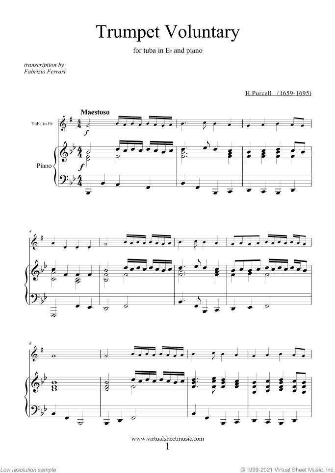 Trumpet Voluntary and Hornpipe sheet music for tuba in Eb and piano by Henry Purcell, classical wedding score, easy/intermediate skill level