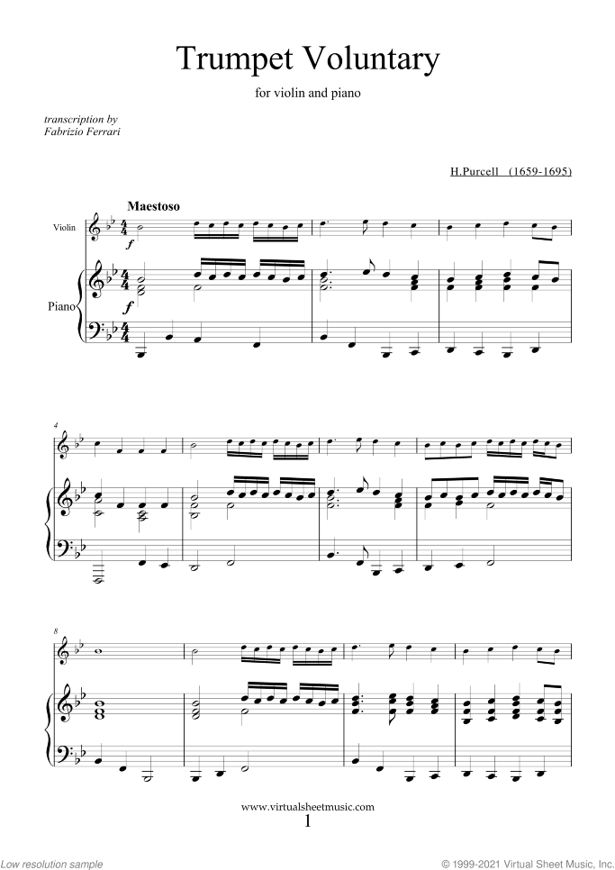 Trumpet Voluntary and Hornpipe sheet music for violin and piano by Henry Purcell, classical wedding score, easy/intermediate skill level