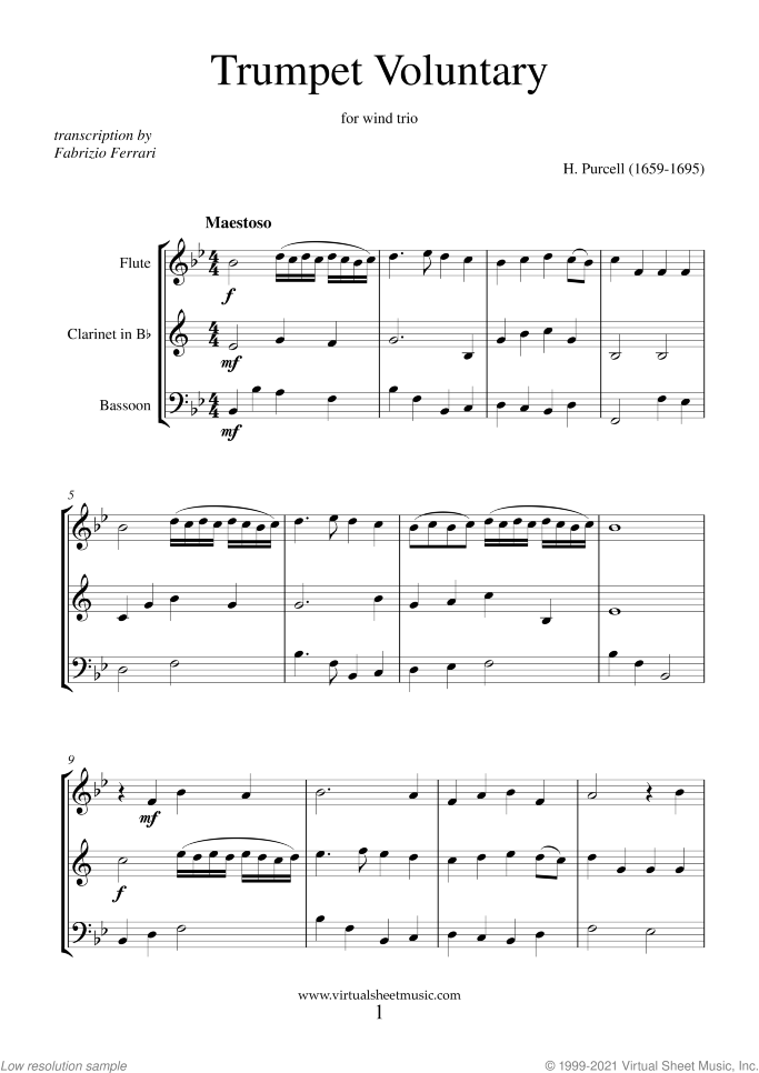 Trumpet Voluntary and Hornpipe (f.score) sheet music for wind trio by Henry Purcell, classical wedding score, intermediate skill level