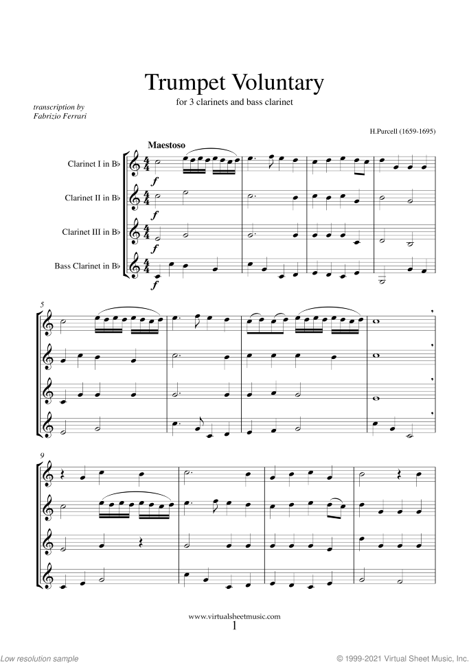 Trumpet Voluntary and Hornpipe sheet music for three clarinets and bass clarinet by Henry Purcell, classical wedding score, easy/intermediate skill level