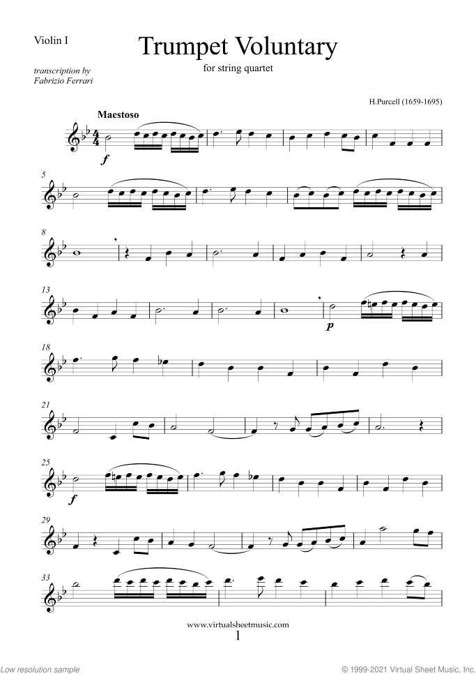 Trumpet Voluntary and Hornpipe (parts) sheet music for string quartet by Henry Purcell, classical wedding score, easy/intermediate skill level