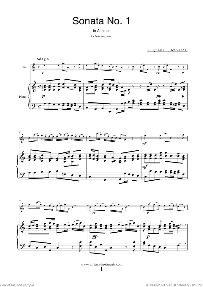 Sonata No.1 in A minor sheet music for flute and piano by Johann Joachim Quantz, classical score, intermediate skill level