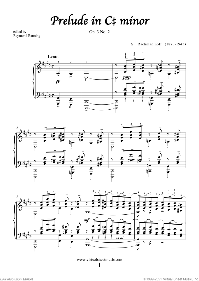 Prelude in C# minor Op.3 No.2 sheet music for piano solo by Serjeij Rachmaninoff, classical score, advanced skill level