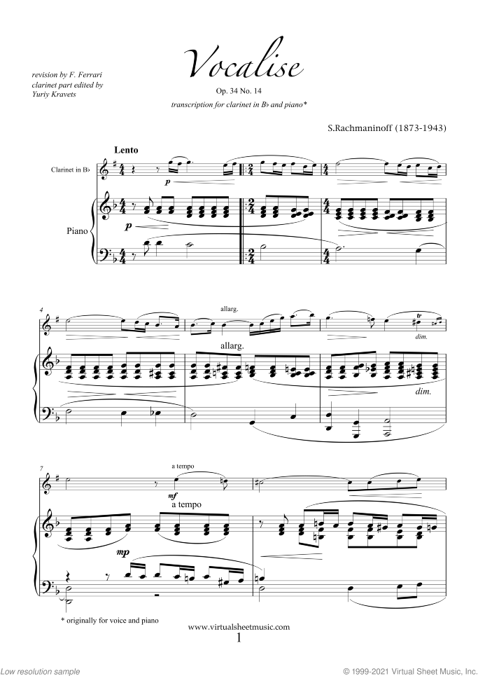 Vocalise Op.34 No.14 sheet music for clarinet and piano by Serjeij Rachmaninoff, classical score, intermediate skill level
