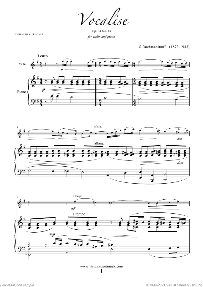 Vocalise Op.34 No.14 sheet music for violin and piano by Serjeij Rachmaninoff, classical score, intermediate/advanced skill level
