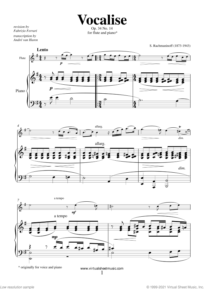 Vocalise Op.34 No.14 sheet music for flute and piano by Serjeij Rachmaninoff, classical score, intermediate skill level