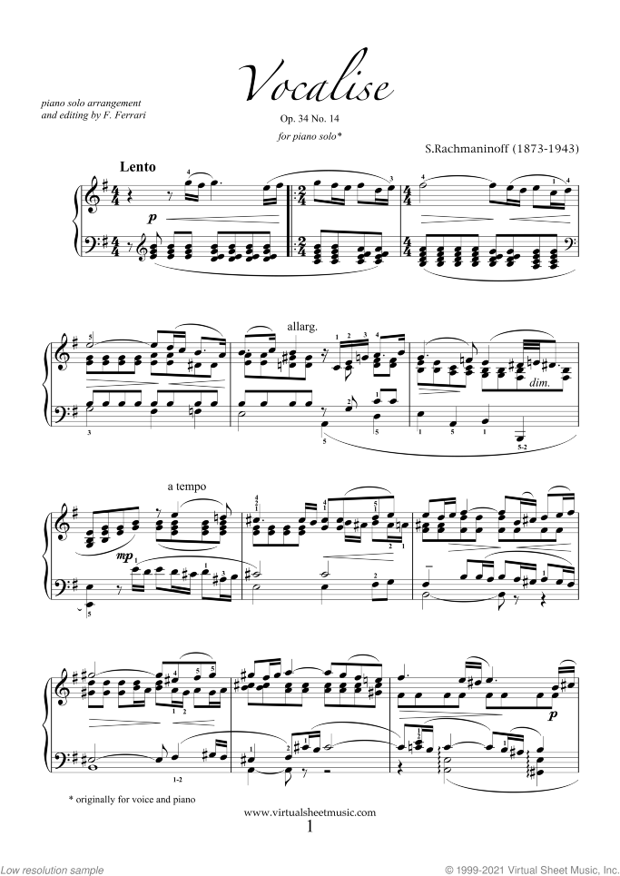 Vocalise Op.34 No.14 sheet music for piano solo by Serjeij Rachmaninoff, classical score, intermediate/advanced skill level