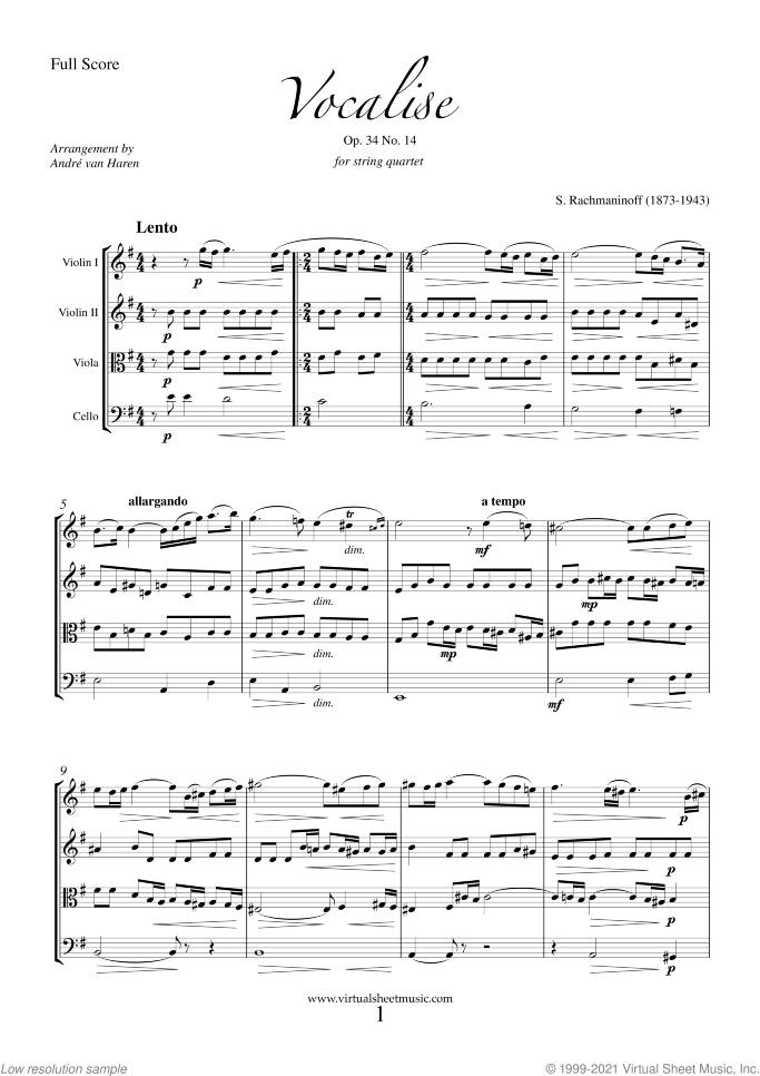 Vocalise Op.34 No.14 sheet music for string quartet by Serjeij Rachmaninoff, classical score, intermediate skill level