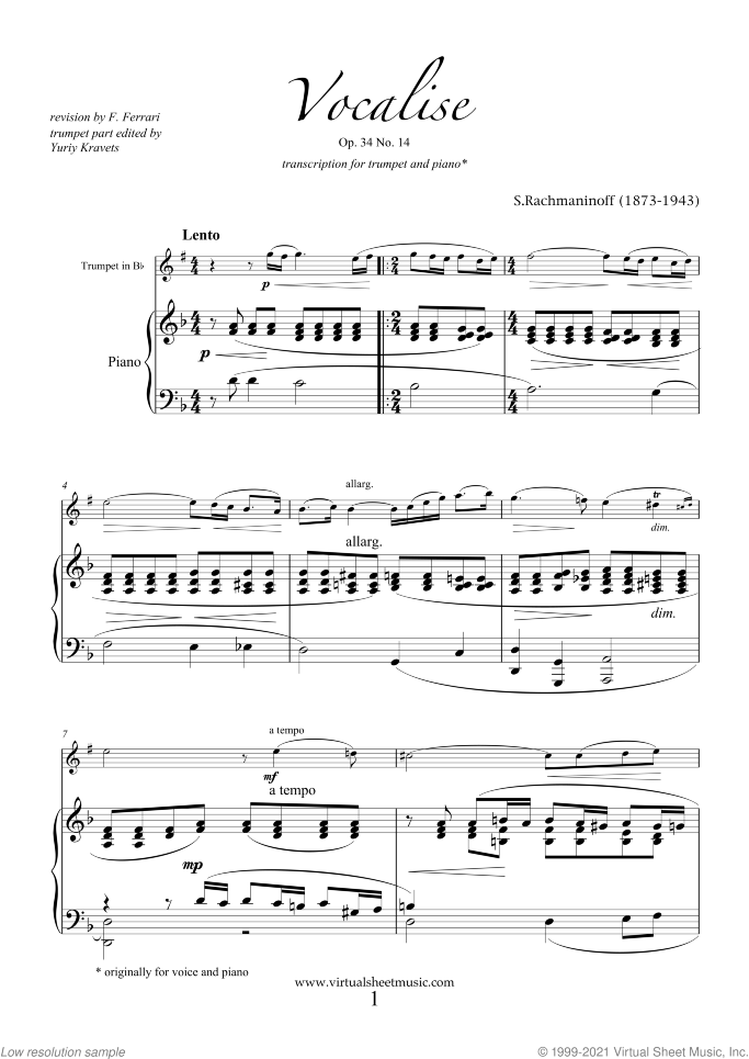 Vocalise Op.34 No.14 sheet music for trumpet and piano by Serjeij Rachmaninoff, classical score, intermediate skill level