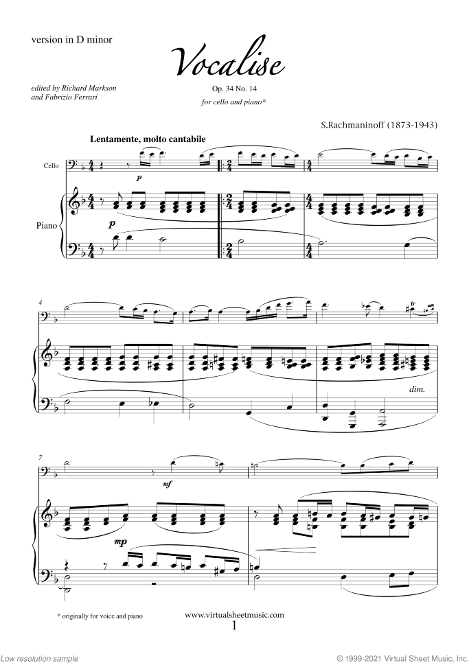 Vocalise Op.34 No.14 (NEW EDITION) sheet music for cello and piano by Serjeij Rachmaninoff, classical score, intermediate/advanced skill level