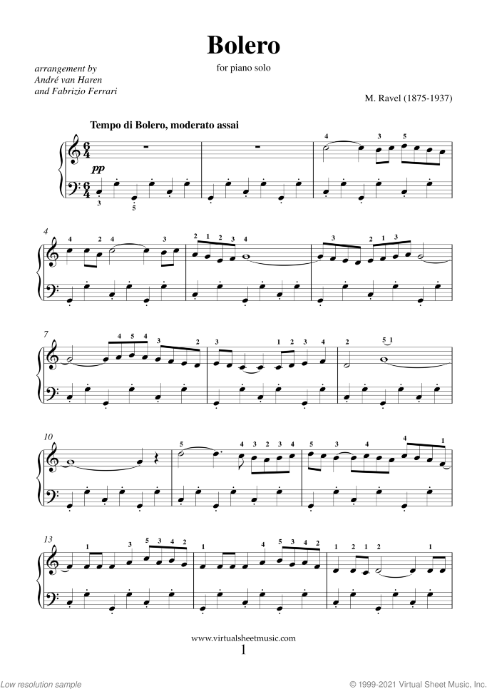 Bolero sheet music for piano solo by Maurice Ravel, classical score, easy/intermediate skill level