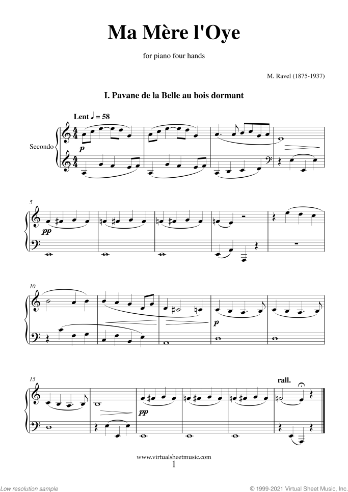 Ma Mere l'Oye sheet music for piano four hands by Maurice Ravel, classical score, advanced skill level