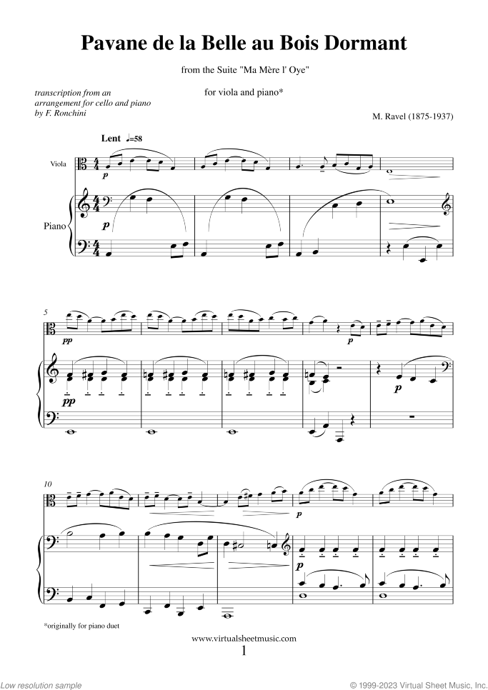 Pavane de la Belle au Bois Dormant - Pavane of the Sleeping Beauty sheet music for viola and piano by Maurice Ravel, classical score, advanced skill level