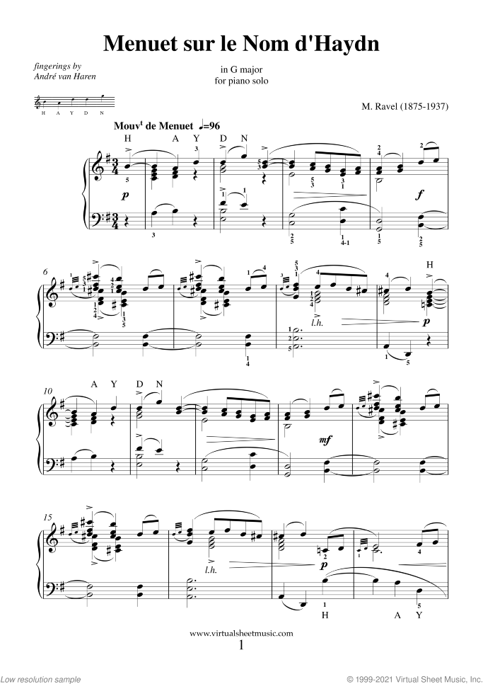 Menuet sur le nom d'Haydn sheet music for piano solo by Maurice Ravel, classical score, intermediate skill level