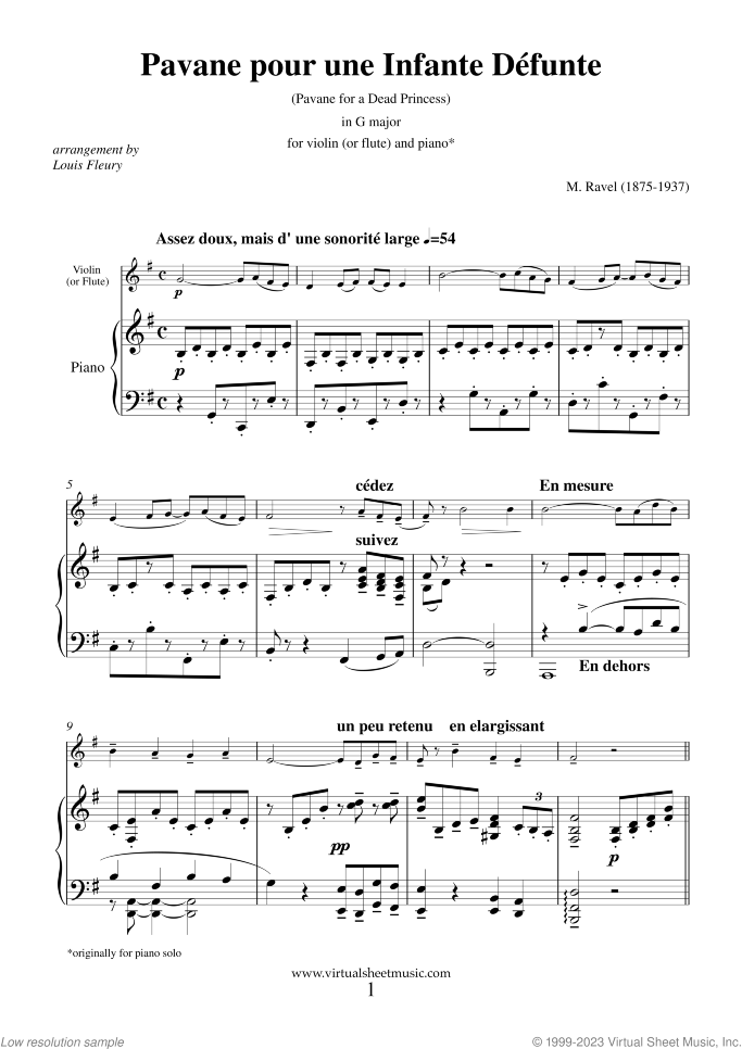 Pavane pour une Infante Defunte sheet music for violin (or flute) and piano by Maurice Ravel, classical score, intermediate skill level