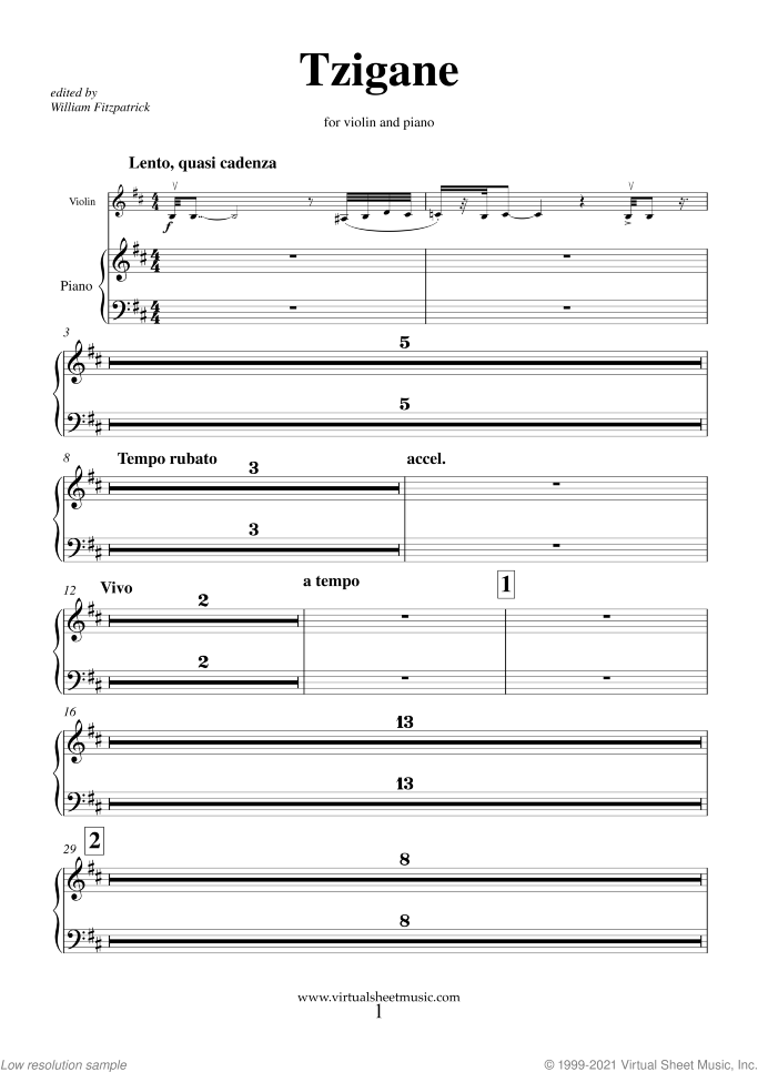 Tzigane sheet music for violin and piano by Maurice Ravel, classical score, advanced skill level