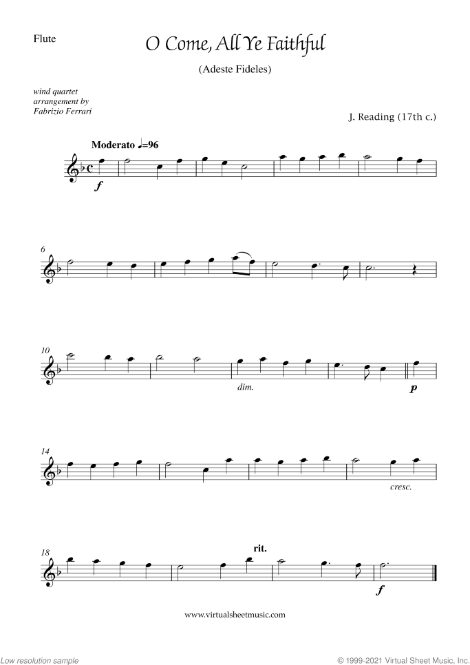 O Come sheet music for wind quartet by John Reading, easy skill level