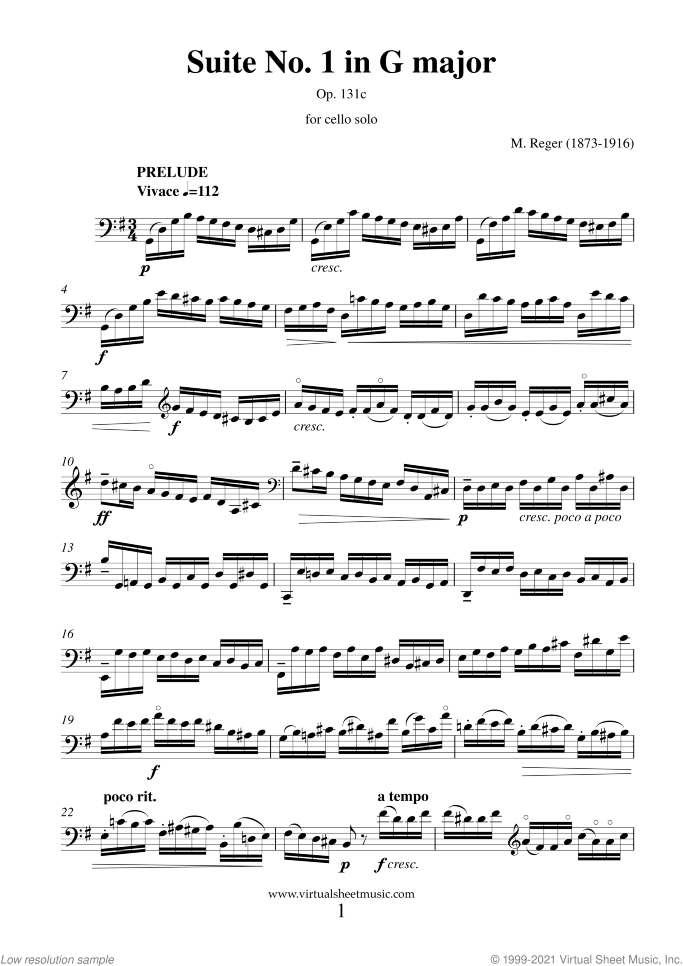 Suite No. 1 in G major sheet music for cello solo by Max Reger, classical score, advanced skill level