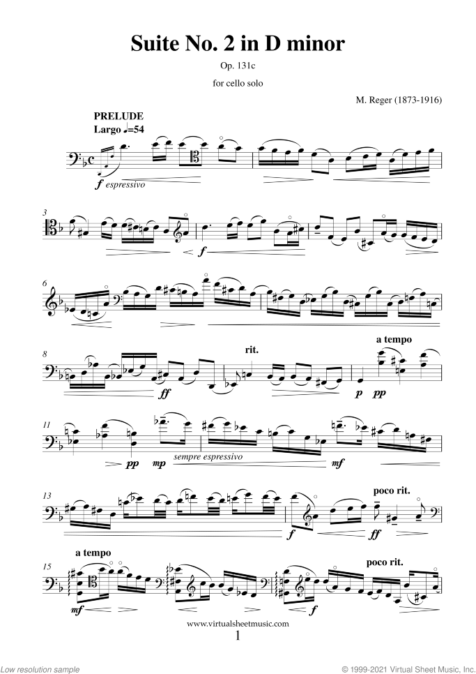 Suite No. 2 in D minor sheet music for cello solo by Max Reger, classical score, advanced skill level