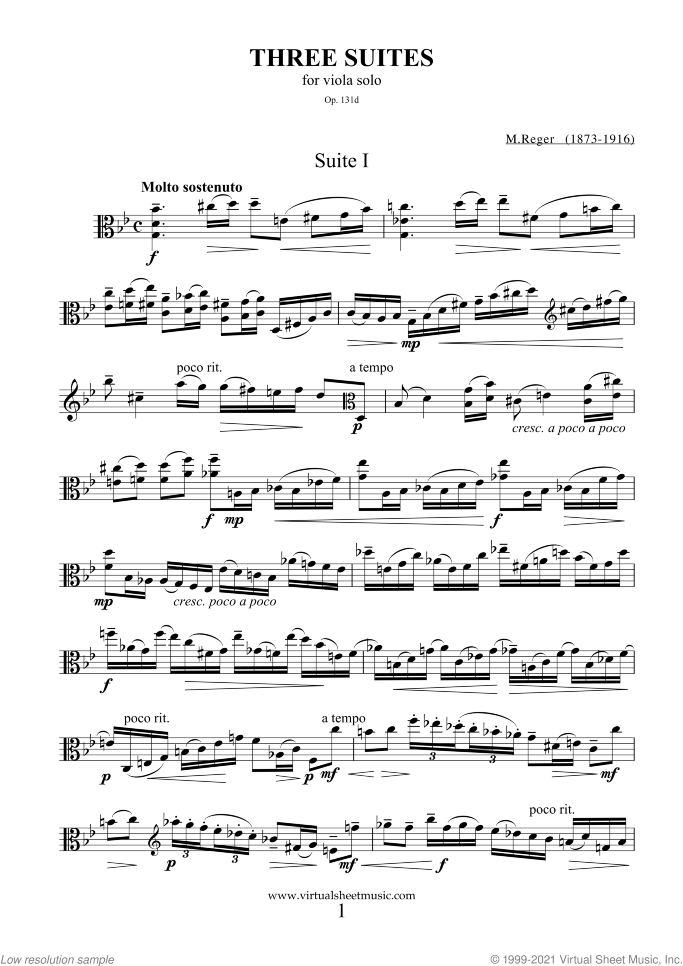 Three Suites Op.131d sheet music for viola solo by Max Reger, classical score, advanced skill level