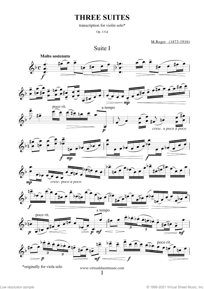 Three Suites Op.131d sheet music for violin solo by Max Reger, classical score, advanced skill level