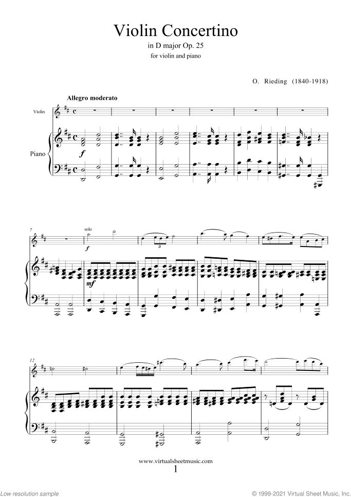 Concertino in D major Op.25 sheet music for violin and piano by Oskar Rieding, classical score, easy/intermediate skill level