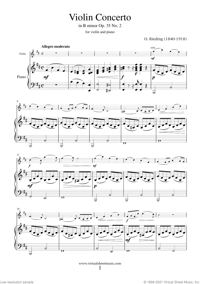 Concerto in B minor Op.35 No.2 sheet music for violin and piano by Oskar Rieding, classical score, easy/intermediate skill level