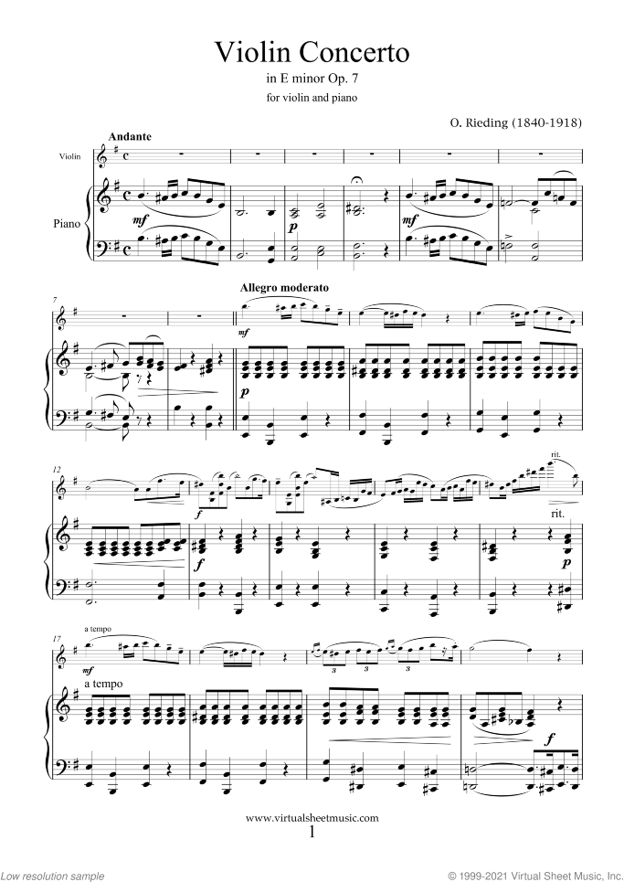 Concerto in E minor Op.7 sheet music for violin and piano by Oskar Rieding, classical score, intermediate skill level
