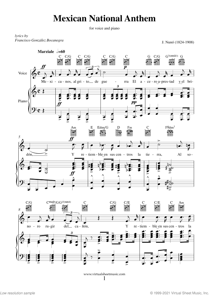 Himno Nacional Mexicano (Mexican Anthem) sheet music for piano, voice or other instruments by Jaime Nuno Roca, easy/intermediate skill level