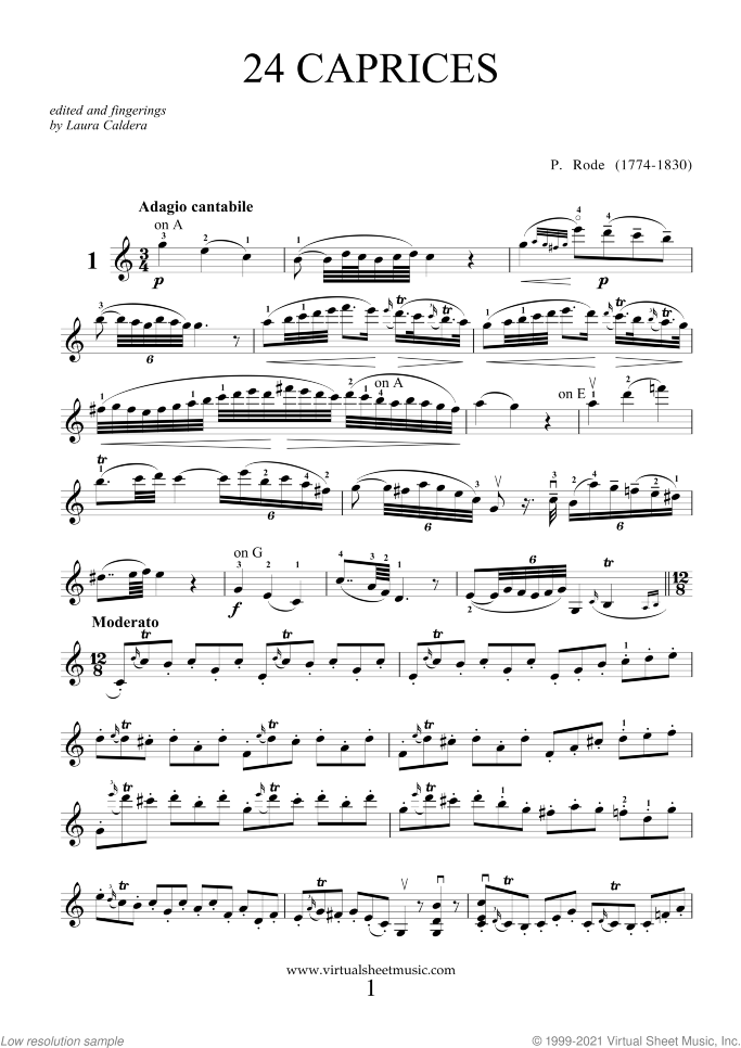 Caprices sheet music for violin solo by Pierre Rode, classical score, intermediate/advanced skill level