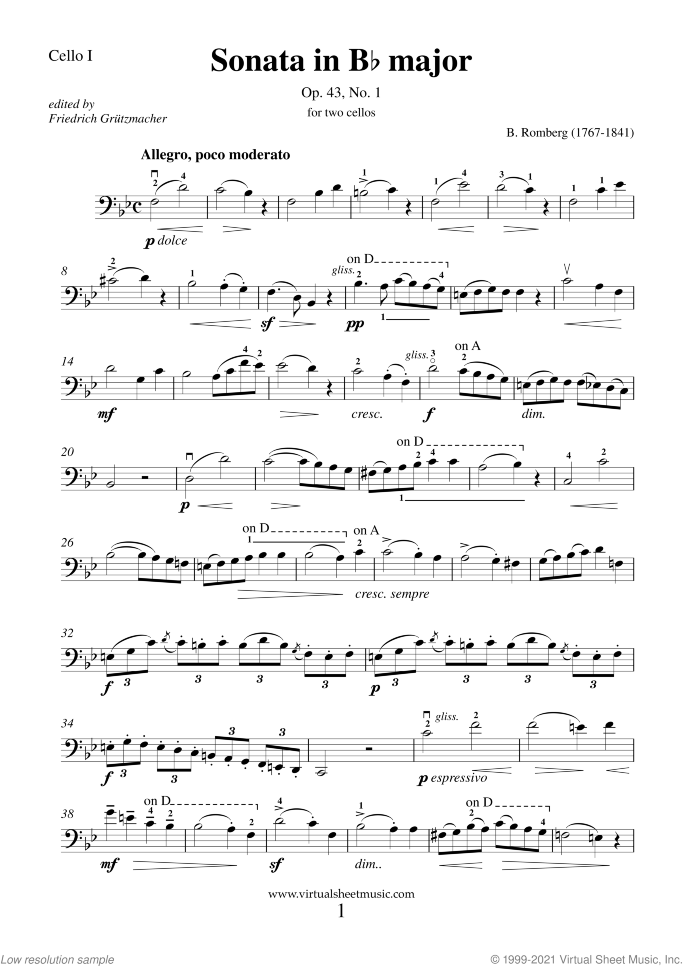 Sonata in B flat major Op.43 No.1 sheet music for two cellos by Bernhard Romberg, classical score, intermediate duet