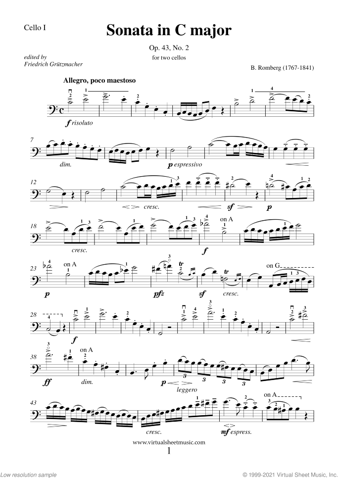 Sonata in B flat major Op.43 No.2 sheet music for two cellos by Bernhard Romberg, classical score, intermediate duet